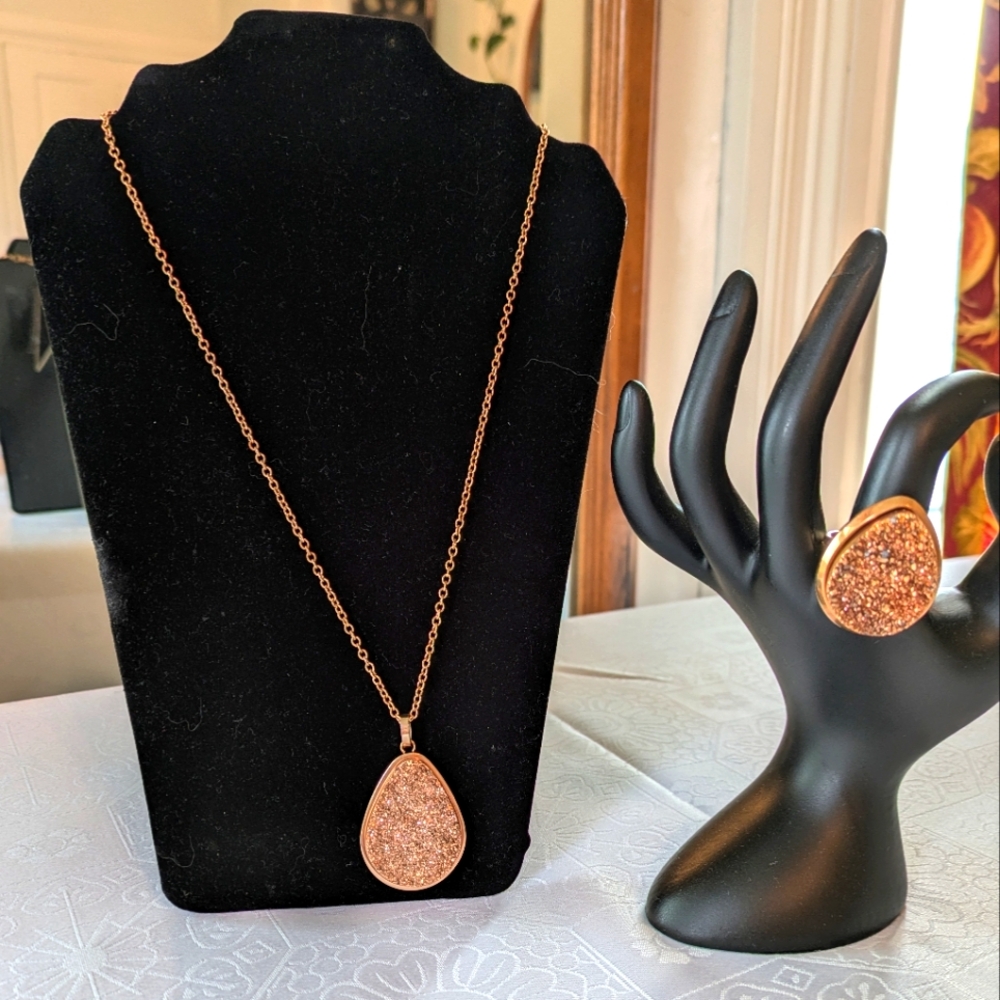 Rose Gold Druzy Quartz Teardrop Necklace Set with Textured Pendant & Ring- 9